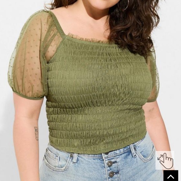 torrid Tops - Women’s TORRID Olive Dot Mesh Square Neck Smocked Crop Top 1X Size 14/16